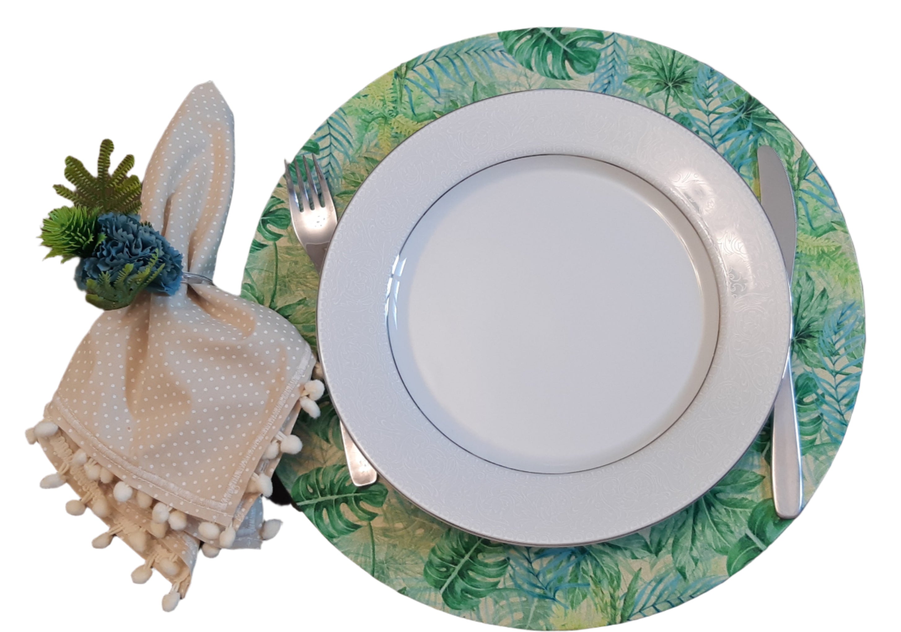 Conjunto de sousplat de MDF feito à mão com 4 peças, capas de tecido de folhas laváveis, guardanapos e anéis para decoração de mesa