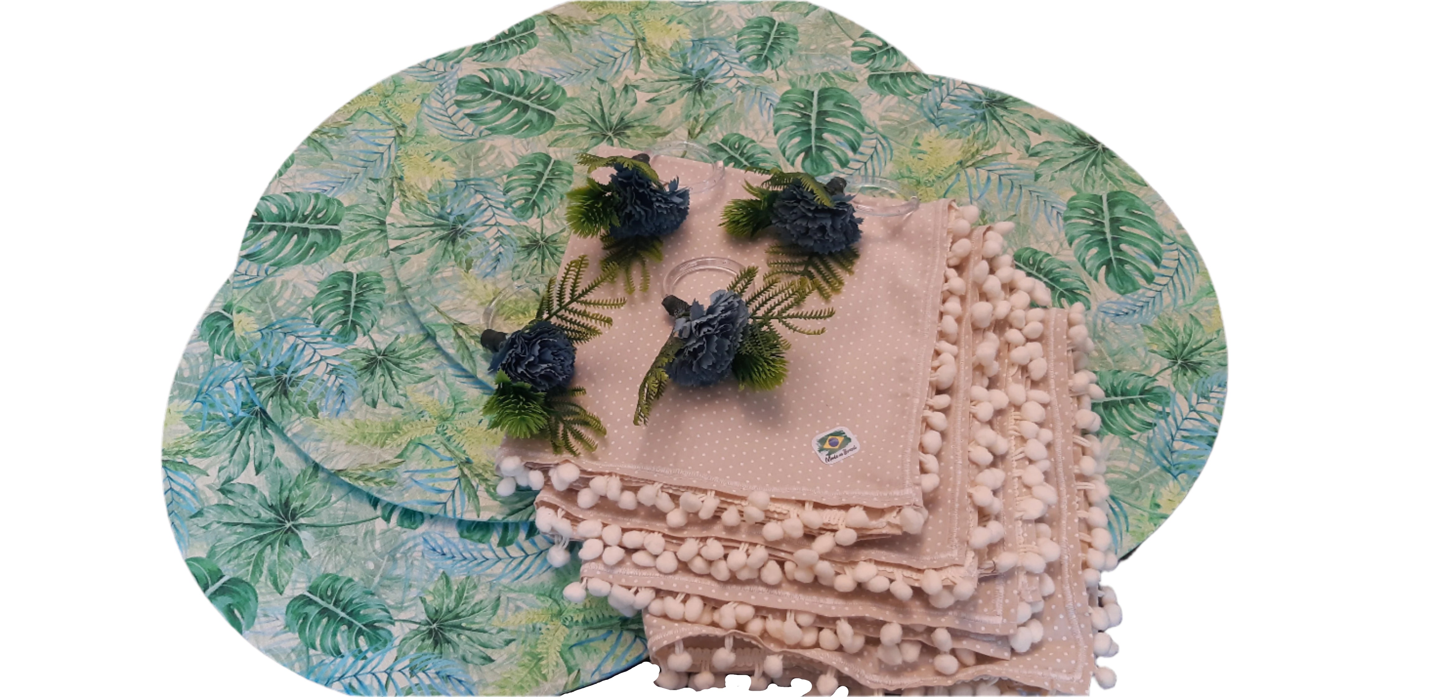 Handcrafted 4-Piece MDF Sousplat Set with Washable Leaf Fabric Covers, Napkins, and Rings for Table Decor