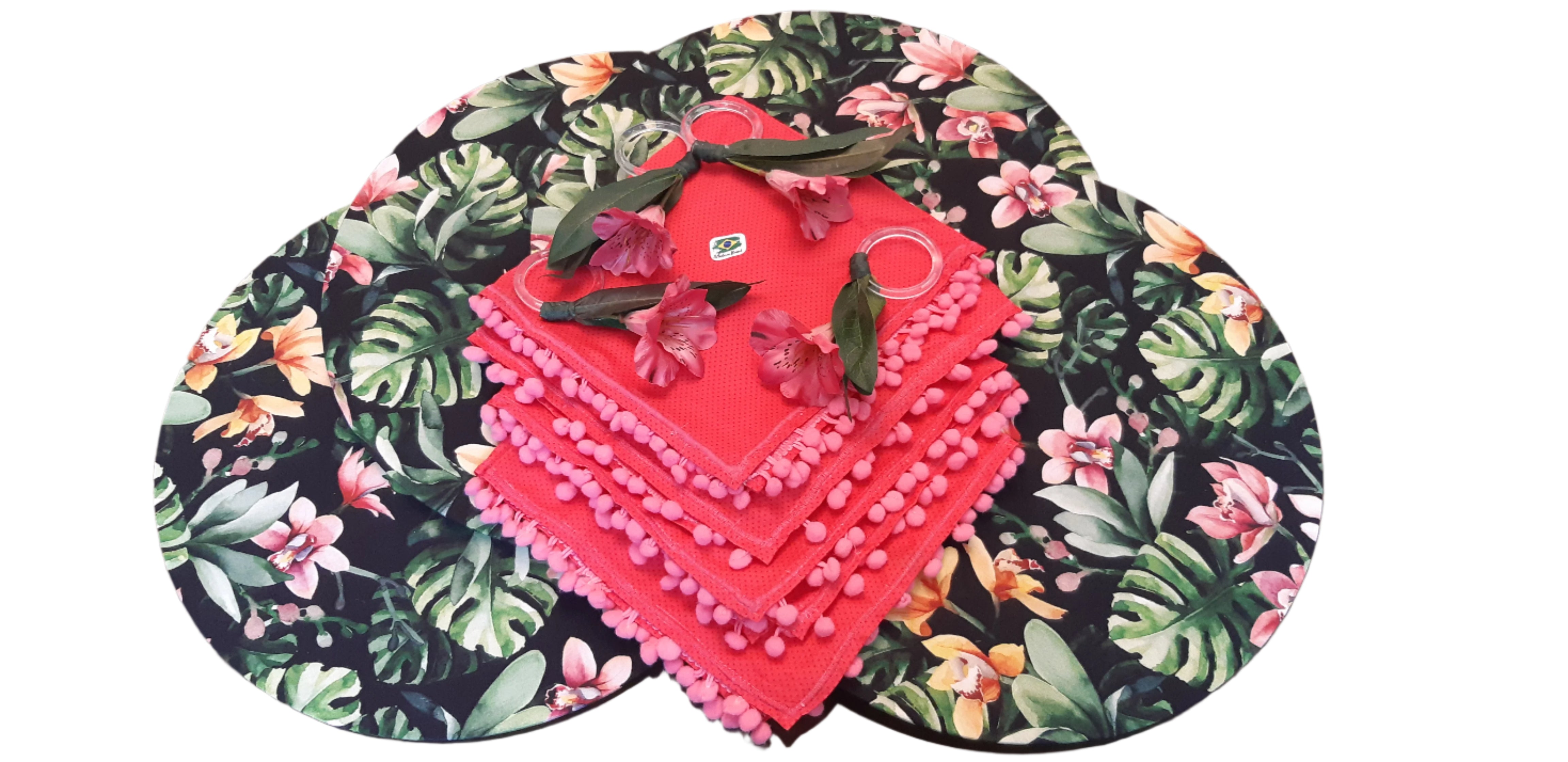 Handcrafted 4-Piece MDF Sousplat Set with Washable Floral Fabric Covers, Napkins, and Rings for Table Decor