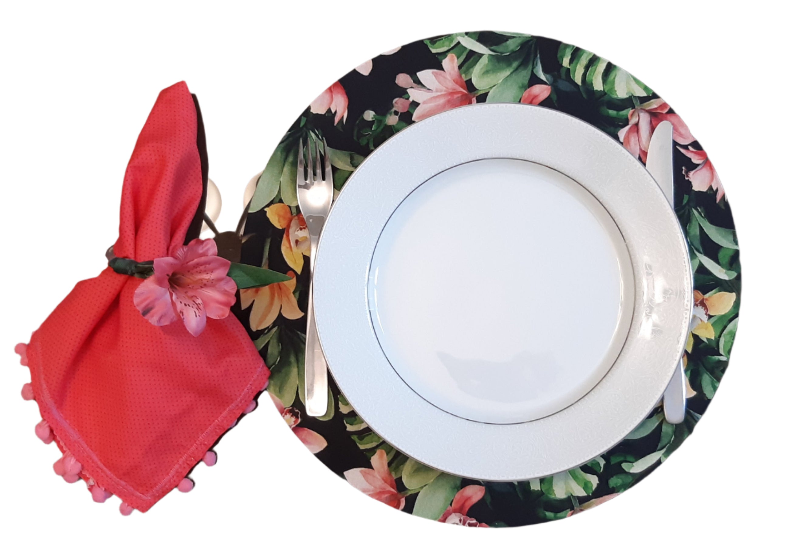 Conjunto de sousplat de MDF feito à mão com 4 peças, capas de tecido floral lavável, guardanapos e anéis para decoração de mesa