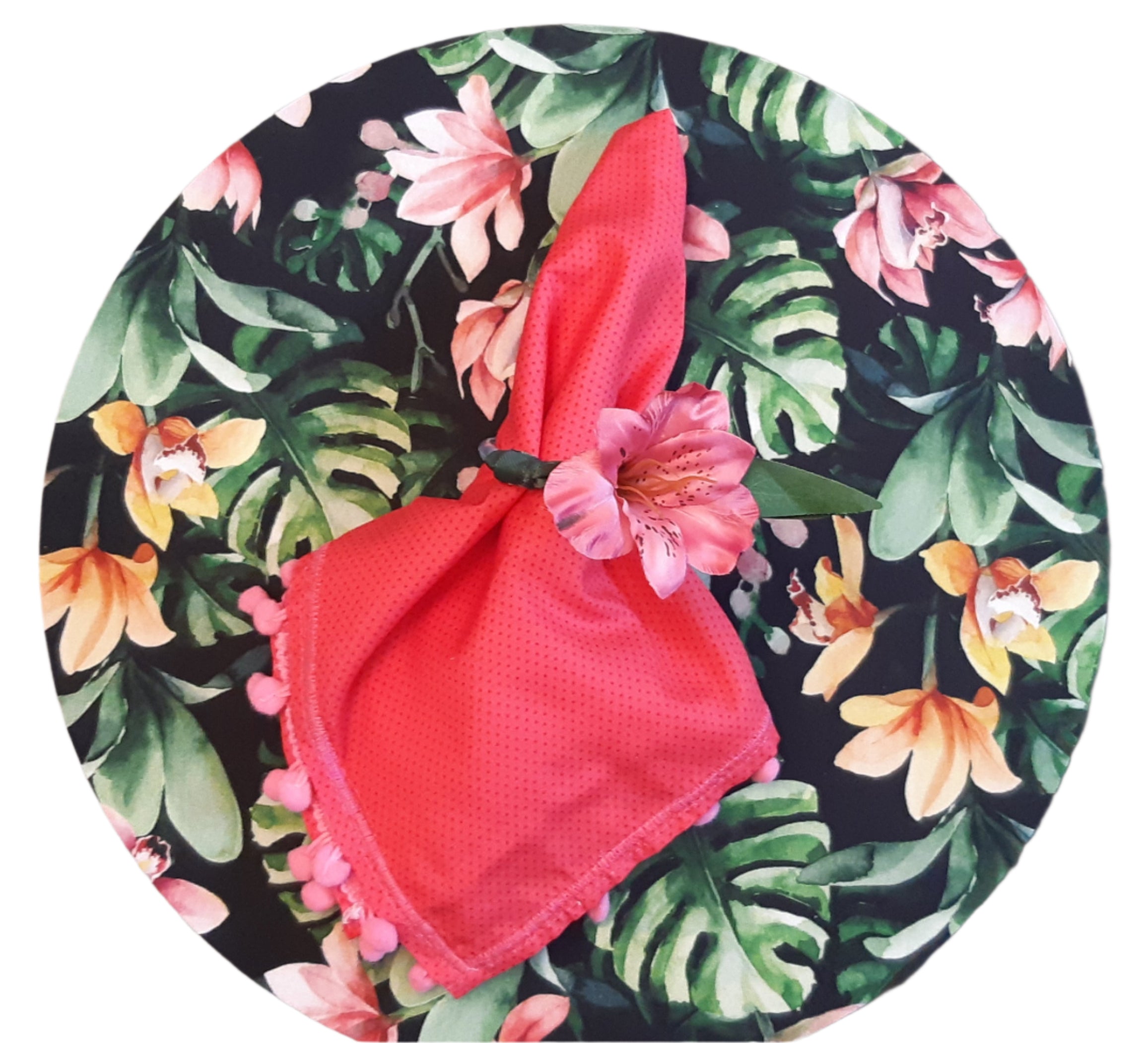 Conjunto de sousplat de MDF feito à mão com 4 peças, capas de tecido floral lavável, guardanapos e anéis para decoração de mesa