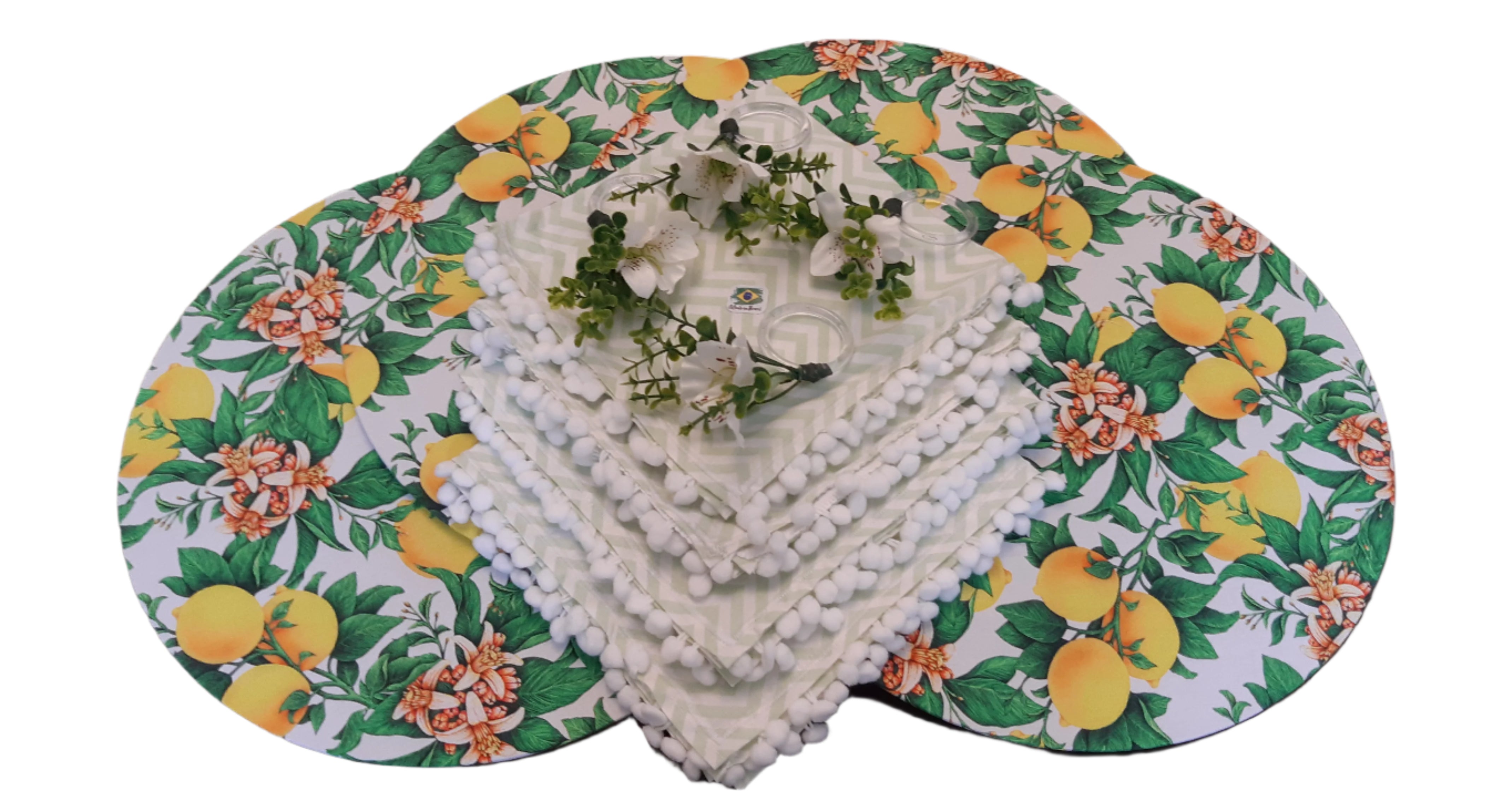 Handcrafted 4-Piece MDF Sousplat Set with Washable Lemon Fabric Covers, Napkins, and Rings for Table Decor
