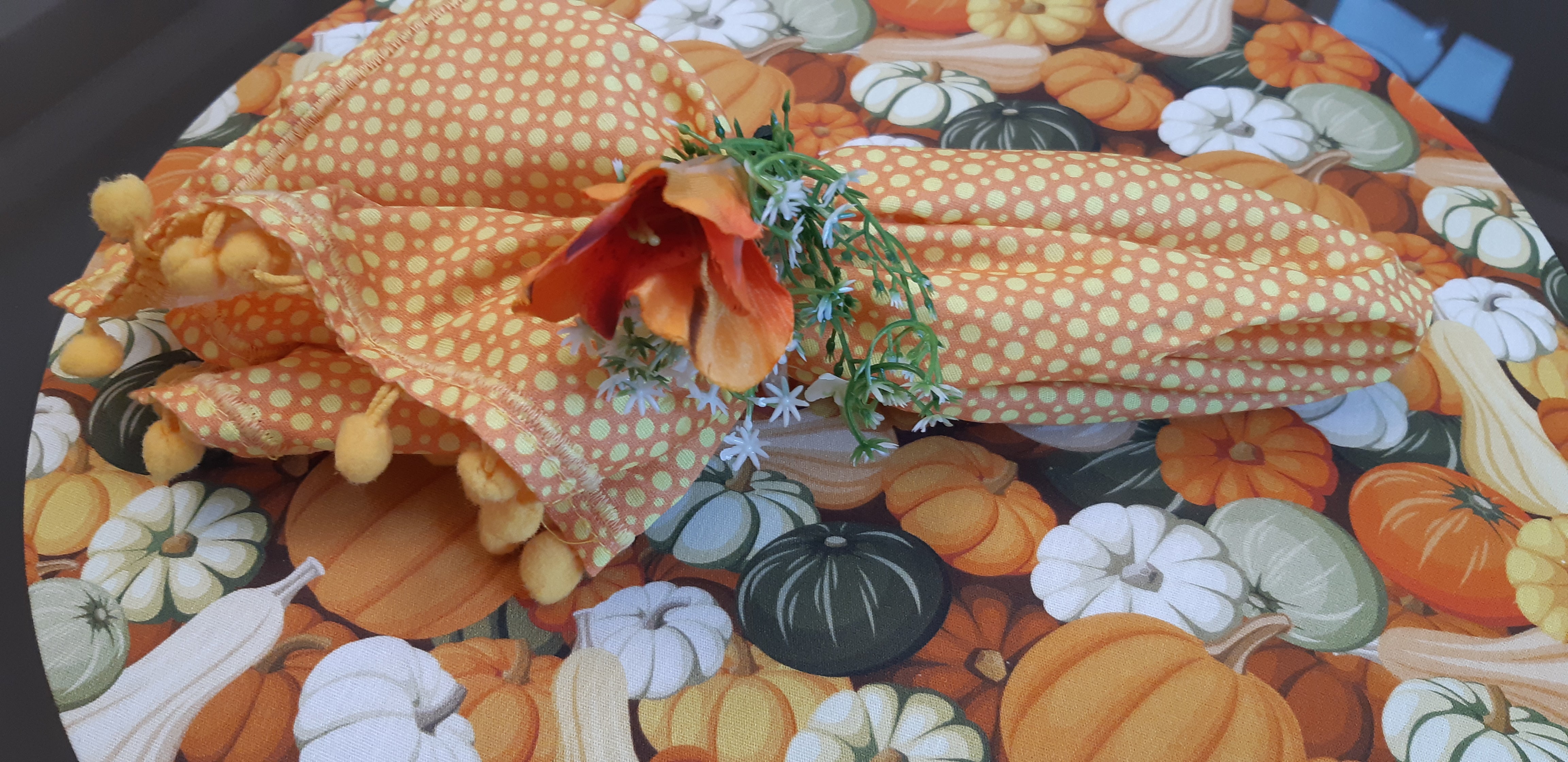 Handcrafted 4-Piece MDF Sousplat Set with Washable Pumpkin Fabric Covers, Napkins, and Rings for Table Decor