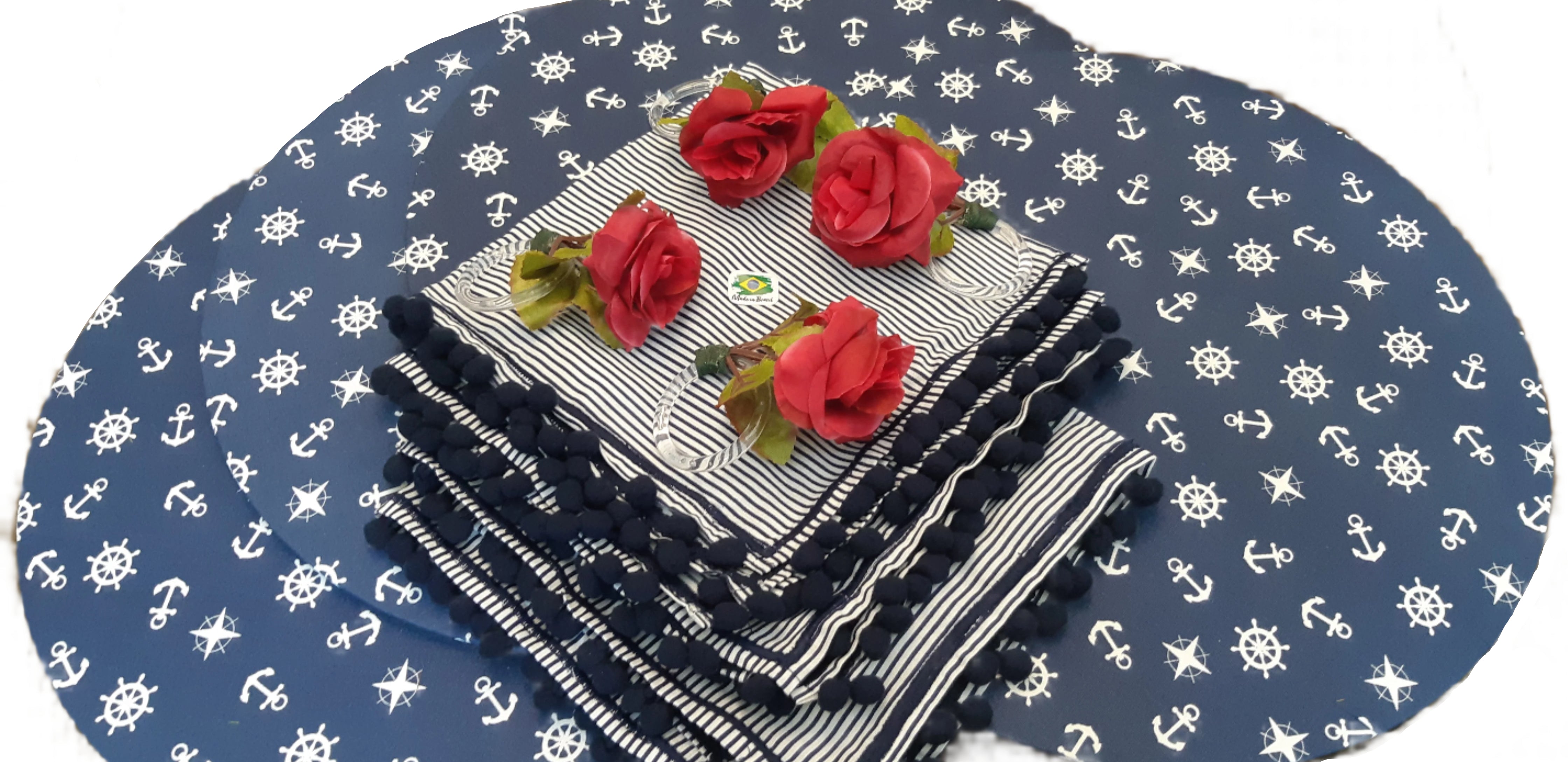 Handcrafted 4-Piece MDF Sousplat Set with Washable Navy Blue Fabric Covers, Napkins, and Rings for Table Decor