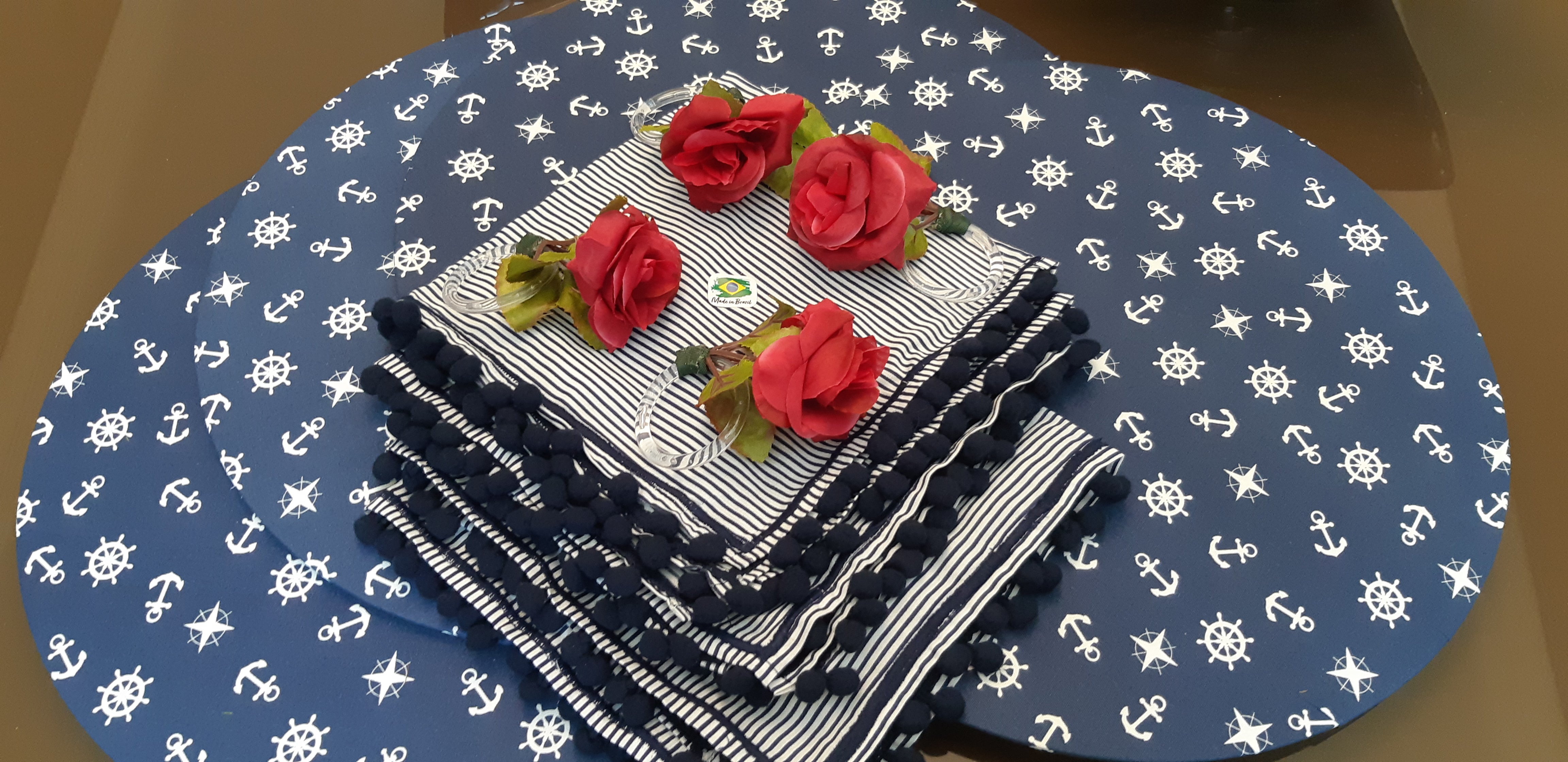 Handcrafted 4-Piece MDF Sousplat Set with Washable Navy Blue Fabric Covers, Napkins, and Rings for Table Decor