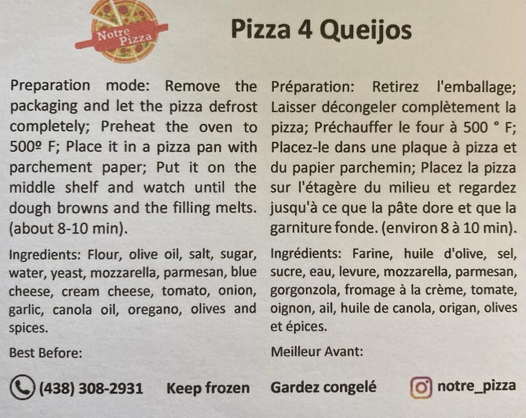 NOTRE PIZZA - Home-made Pizza - 4 Queijos