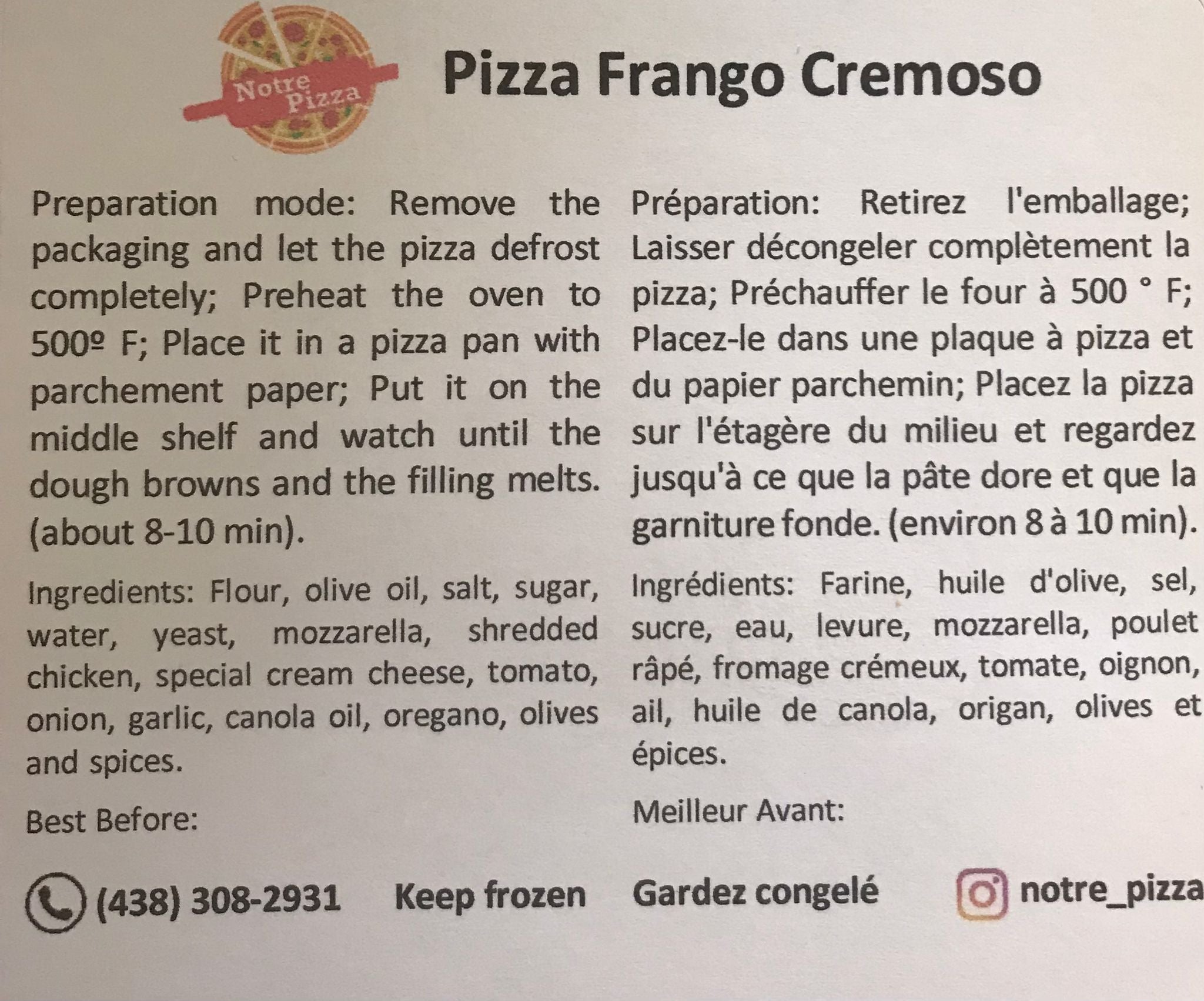 NOTRE PIZZA - Pizza Caseira - Frango Cremoso 