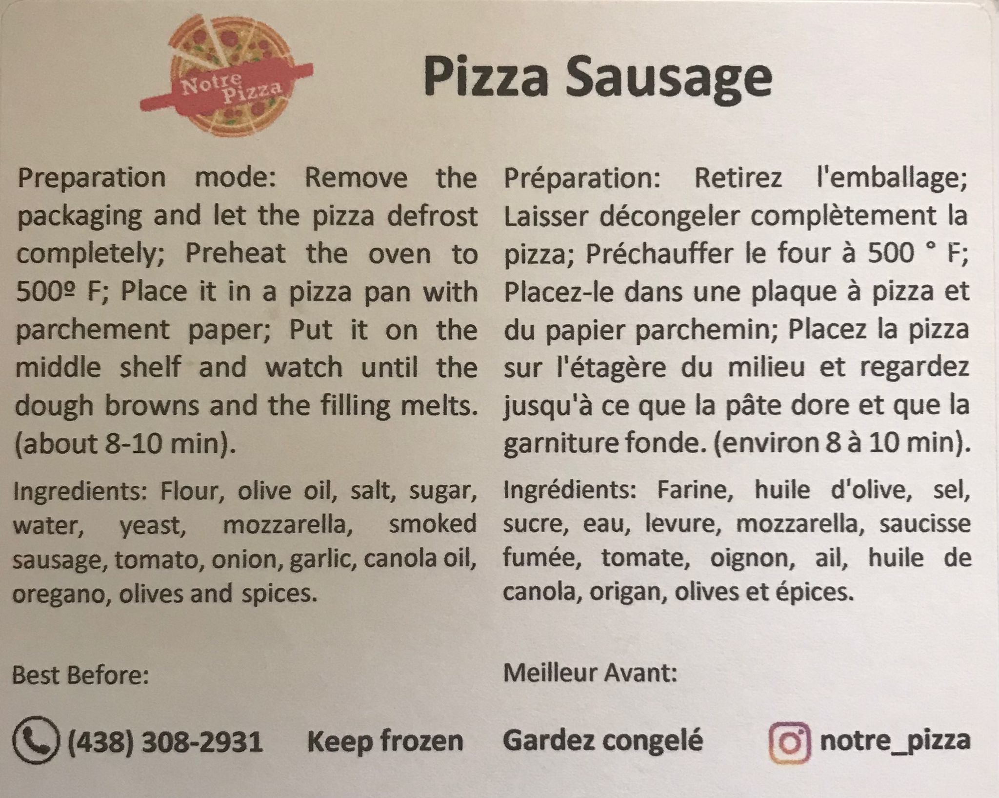 NOTRE PIZZA - Home-made Pizza - Sausage - FINAL SALE - EXPIRED or CLOSED TO EXPIRY